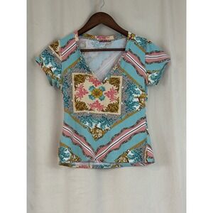 Vintage‎ Guess Y2K Fairy Top Teal Pink Retro Pattern Size Small